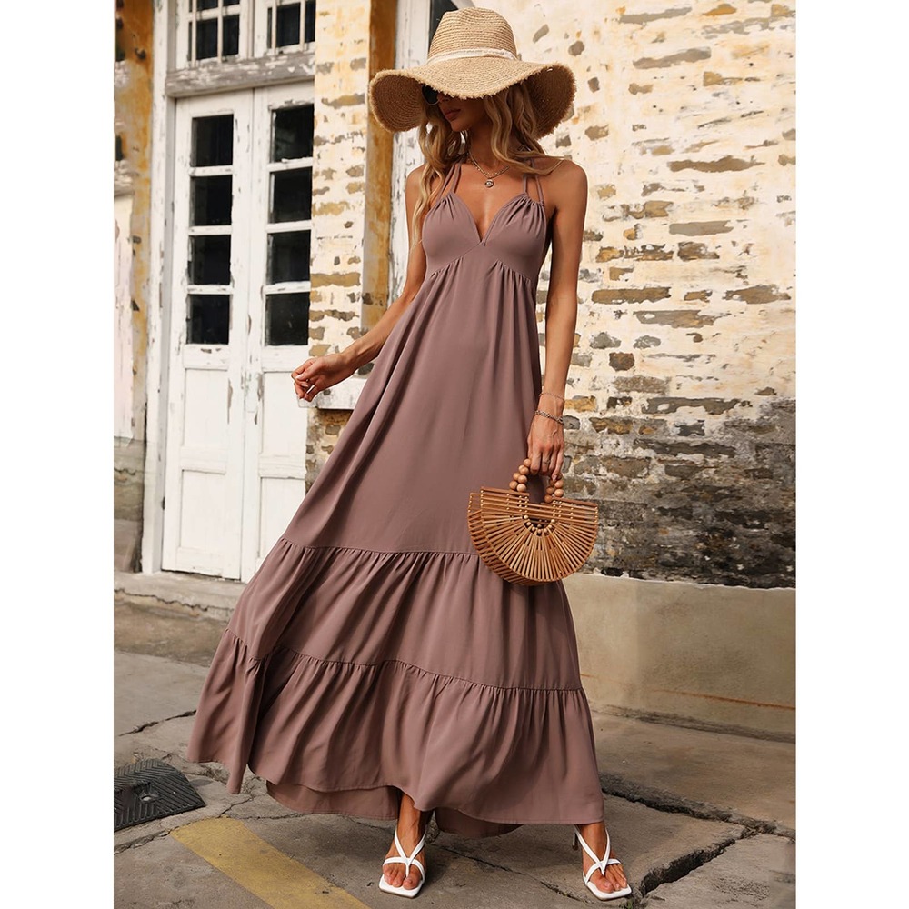 Boho Ruffle Hem Backless Halter maxi Dress dusty pink